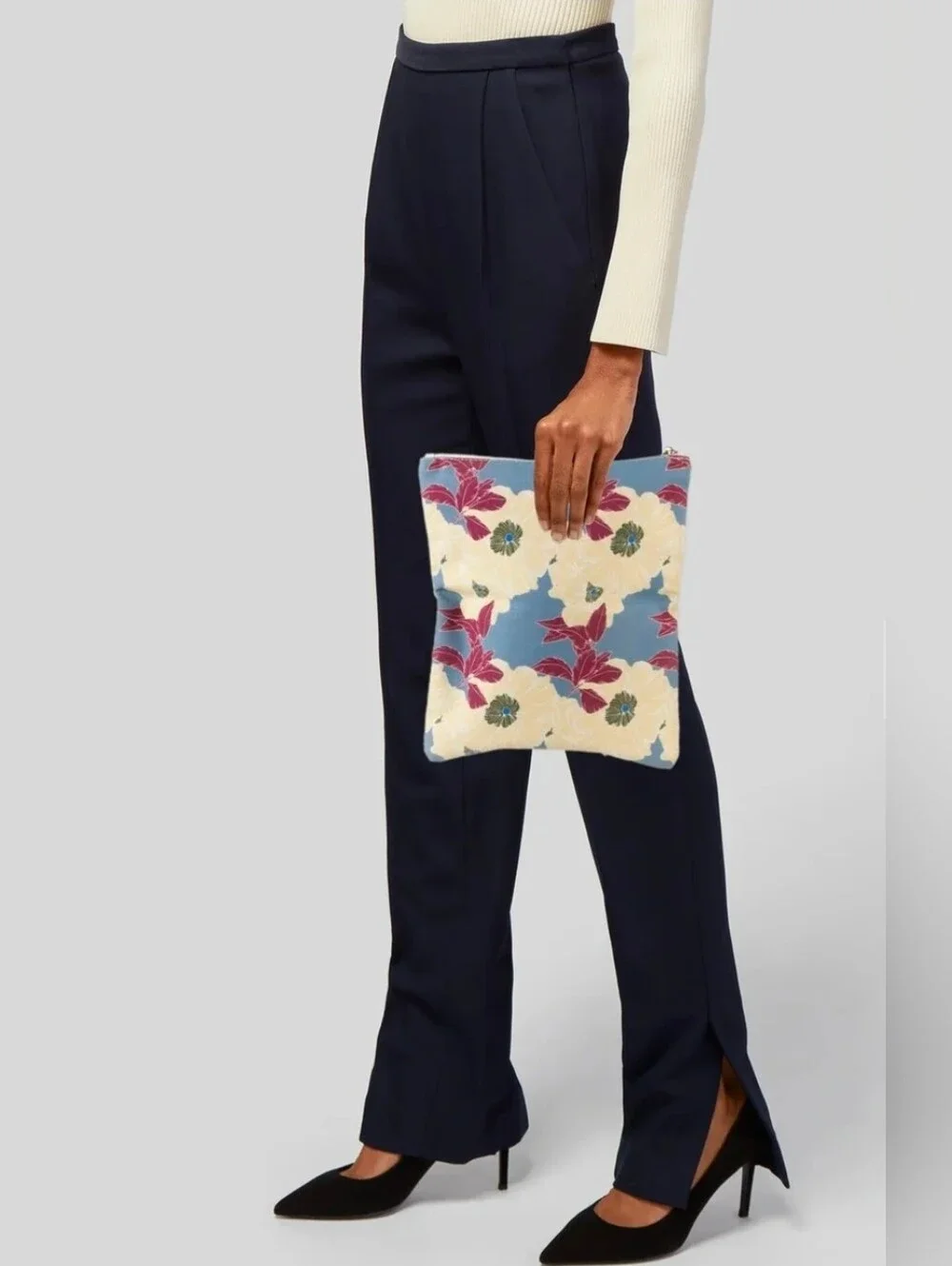 Rachel Pally Clutch Blue CanvasPrintedGold-Tone Hardware Leather TrimLeather